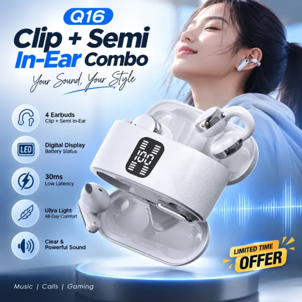 Q16 4-Earbuds Wireless Earphones – Ear Clip + Semi-In-Ear